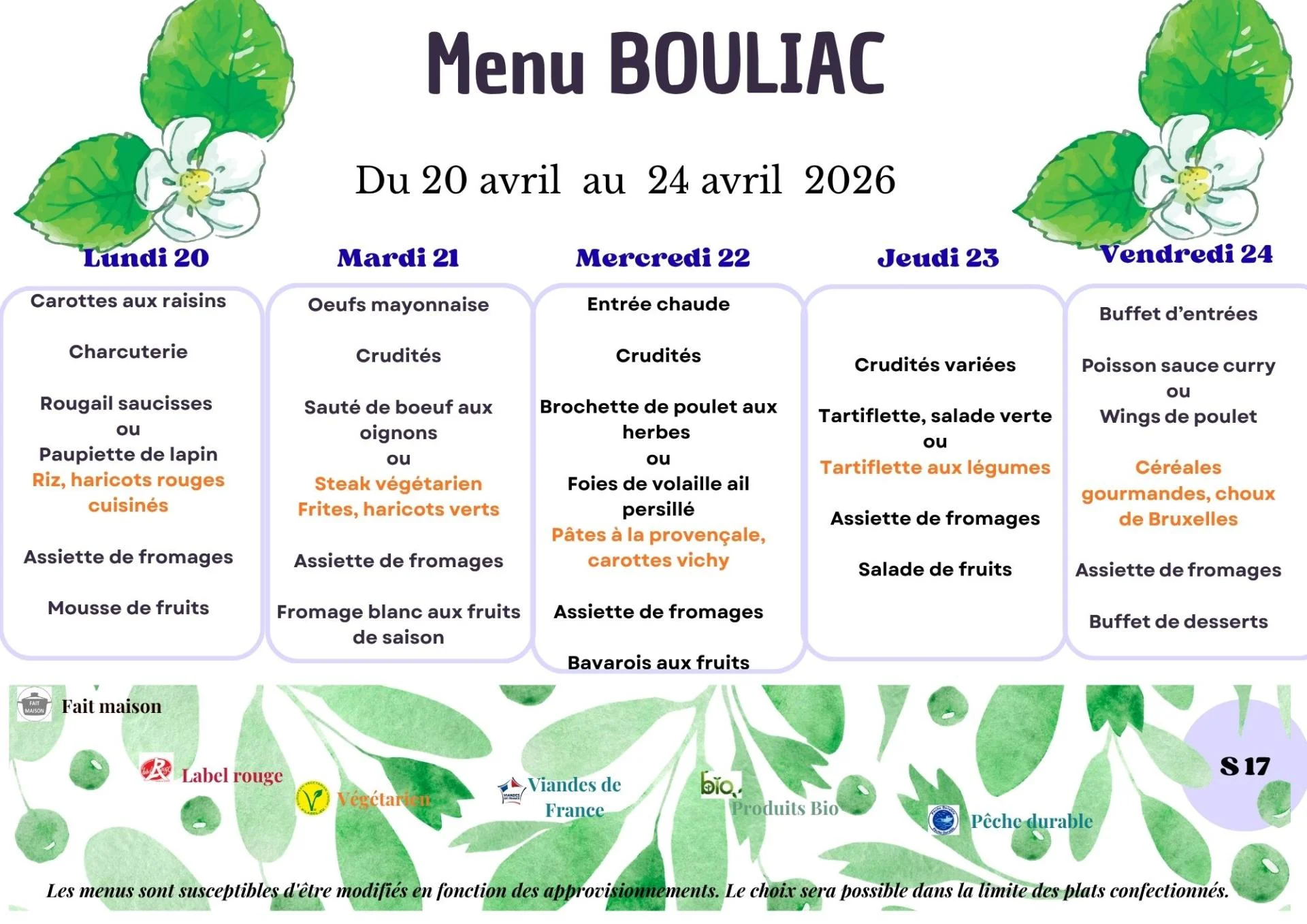 Menu Bouliac semaine 17
